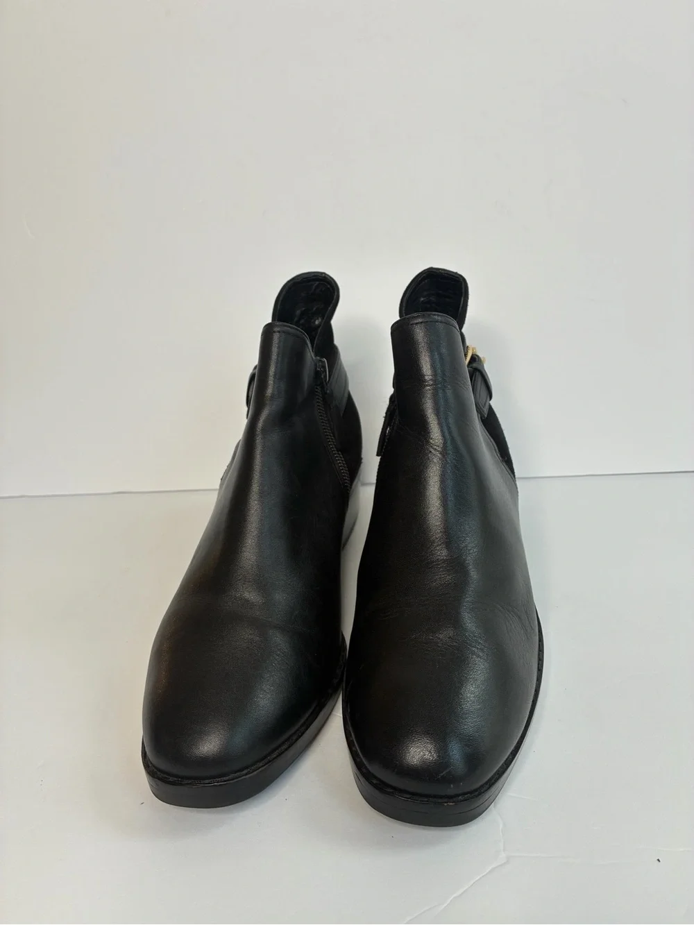 Cole Haan Black Preppy Leather & Suede Ankle Boot with Gold Buckle Size 6.5
